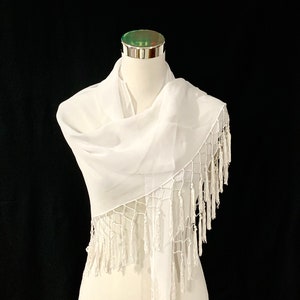 WhiteTriangular Scarf, White Georgette fringed scarf, hand knotted fringes, white party scarf, all season scarf.
