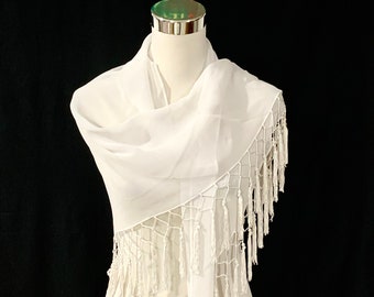 WhiteTriangular Scarf, White Georgette fringed scarf, hand knotted fringes, white party scarf, all season scarf.
