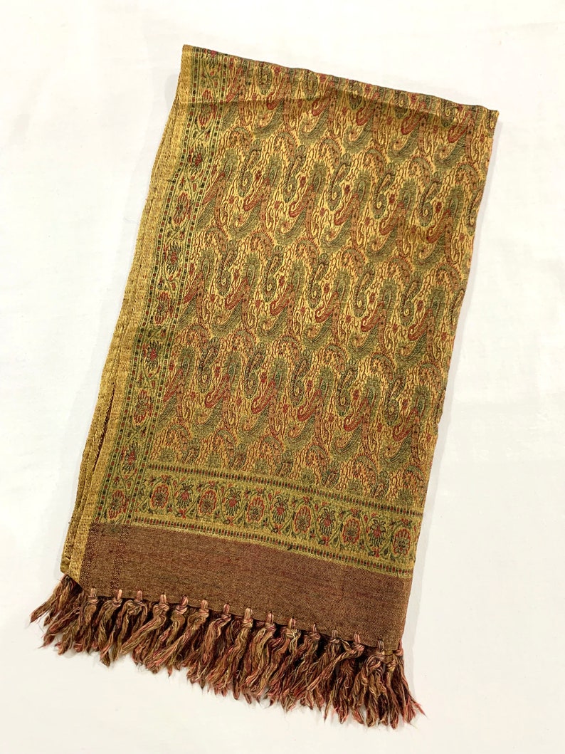 Long Golden silk wool shawl, hand woven Paisley shawl, formal n casual wear shawl, gifting shawl, jacquard shawl, golden n Red n Green shawl image 10