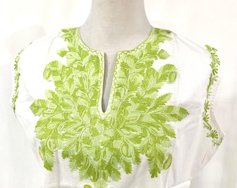 White and Green 100% pure soft cotton top, Lime Green Hand embroidered short white cotton top, comfortable n feel good cotton Kurti top.