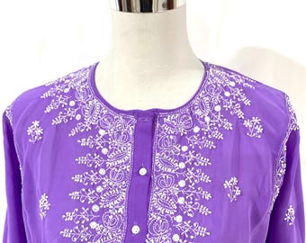 The Royal Violet Chikankari Tunic, Vibrant Purple Hand-Embroidered Georgette Top, Violet & White Floral Embroidered Tunic