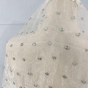 1.8meters White sheer Fabric -Silver Organza Fabric- Polka Dots Fabric -Embroidered formal wear Fabric - Wedding Gown Fabric- Sewing Fabric.