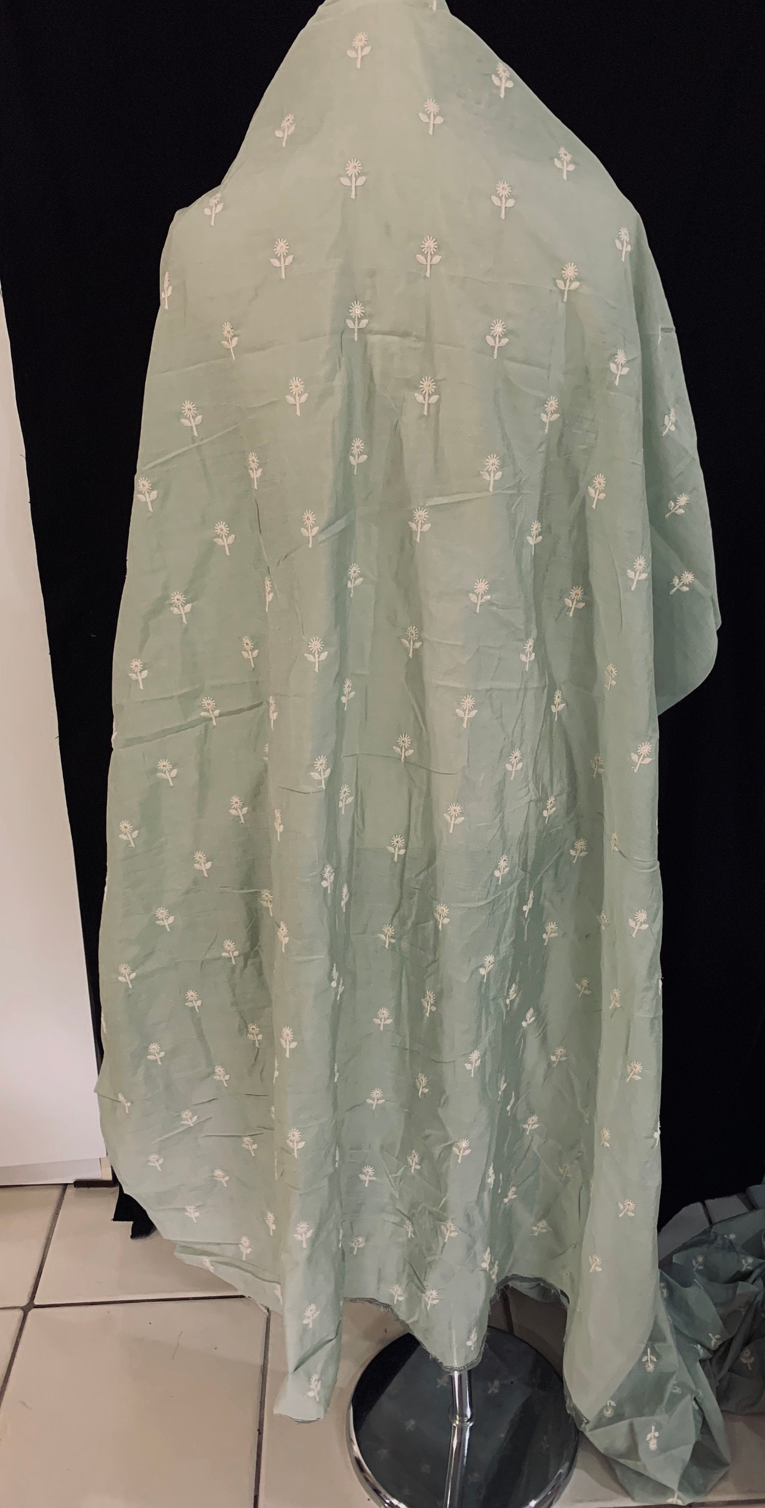 Soft Green Floral Chanderi Silk Fabric, Premium Gold Sequins Embroidery Indian Saree Material 