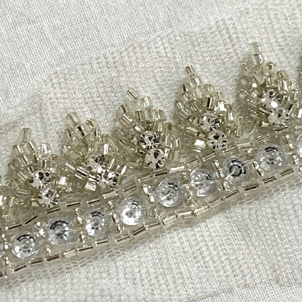 Silver Hand Beaded Trim, Silver Crystal trim, Edging trim, Sewing Trim, hand made trim, Bridal trim, formal wear trim, home decor trim.