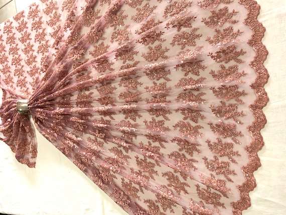 Dusty  Pink Embroidered Tulle Fabric, Silken Thread Sequins Scallop Edged Material, Traditional Dress, Veil, Sewing Fabric
