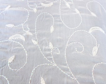 Ivory Silk Georgette Fabric with hand Beaded Scrolling Leaves