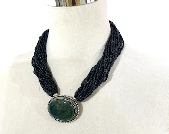 Tribal Green Moss Agate Medallion Multi-Strand Bead Choker Necklace, Black Statement Collar Necklace with Silver Filigree Green Gemstone.
