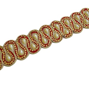 Guarnição de strass - Guarnição vermelha - Guarnição metálica dourada embelezada em vermelho com pérolas - Strass e fio dourado metálico