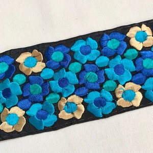 Borde bordado azul, ribete vibrante, ribete negro y azul, ribete formal y casual, ribete floral, ribete de decoración del hogar, ribete de borde.