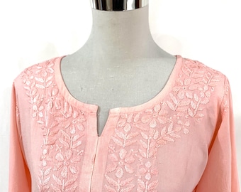 Peach Ombre Hand Embroidered Cotton Chikankari Tunic Top, Artisanal Peach Dip Dye Cotton Chikankari Kaftan Kurti.