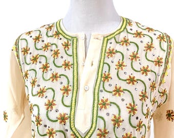 Beige Hand-Embroidered Viscose Georgette Tunic Top, Boho-Chic Hand-Embroidered formal n Casual summer Kaftan Top.