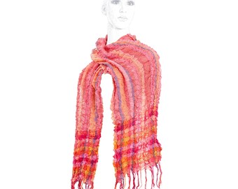 Pink casual scarf, multicolour spring,summer scarf, Crinkle scarf, Striped Cotton Tencel Silk Pink Scarf