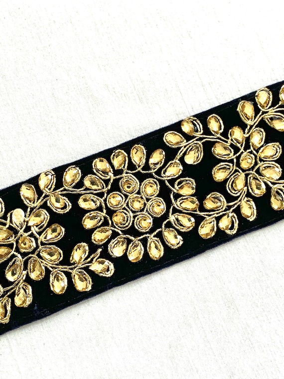 Navy Blue Suede Trim, Golden Rhinestone trim, Navy Blue n Gold trim, Boho Costume Trim, Home Decor Trim, Embellished Luxurious Border trim.