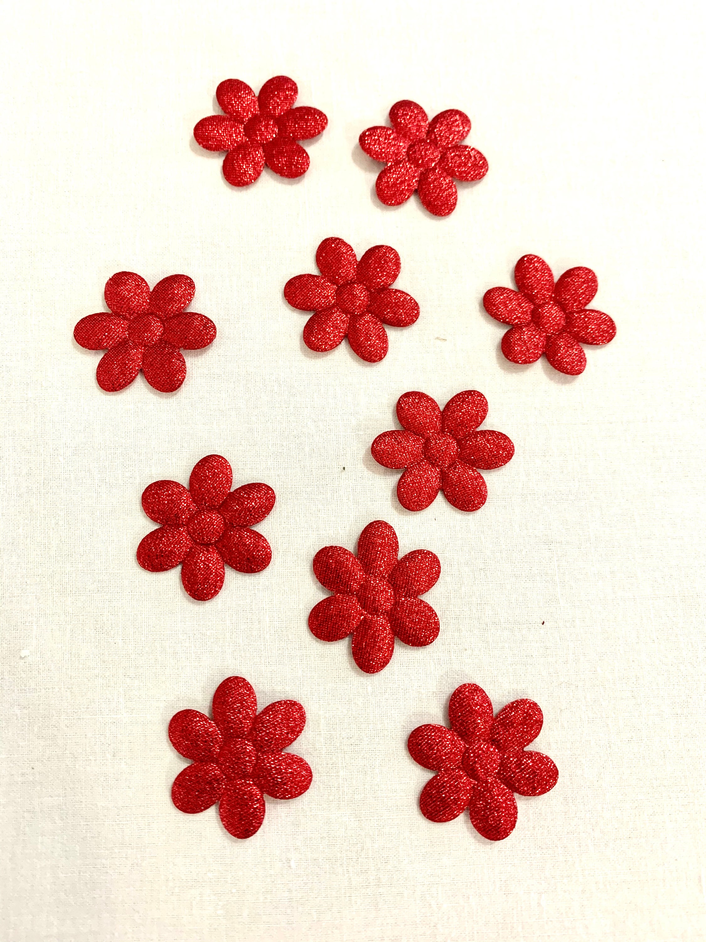Red Tinselled Flowers Set Of 10 Spongy Fabric Flower Appliques Floral Decorative Clothing Craft Sewing Patches