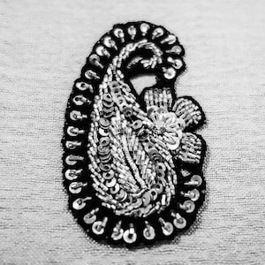 May include: A black and silver paisley-shaped embellishment with sequins and beads.