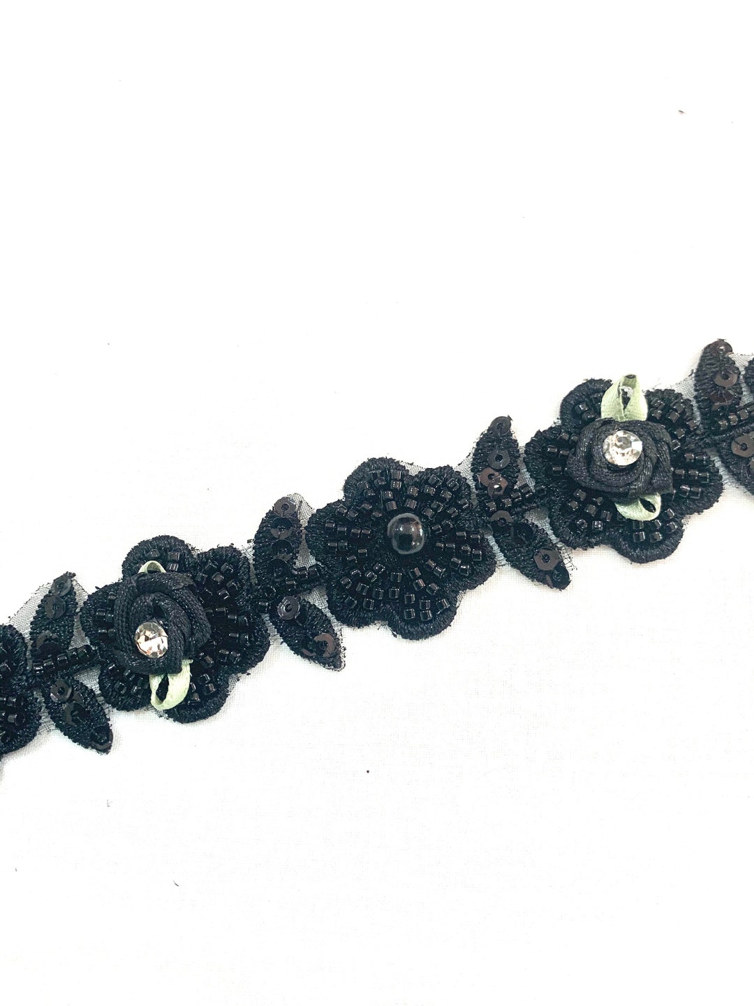 Black Beaded Trim, Black Hand Embroidered Floral Trim, Jewellery Making