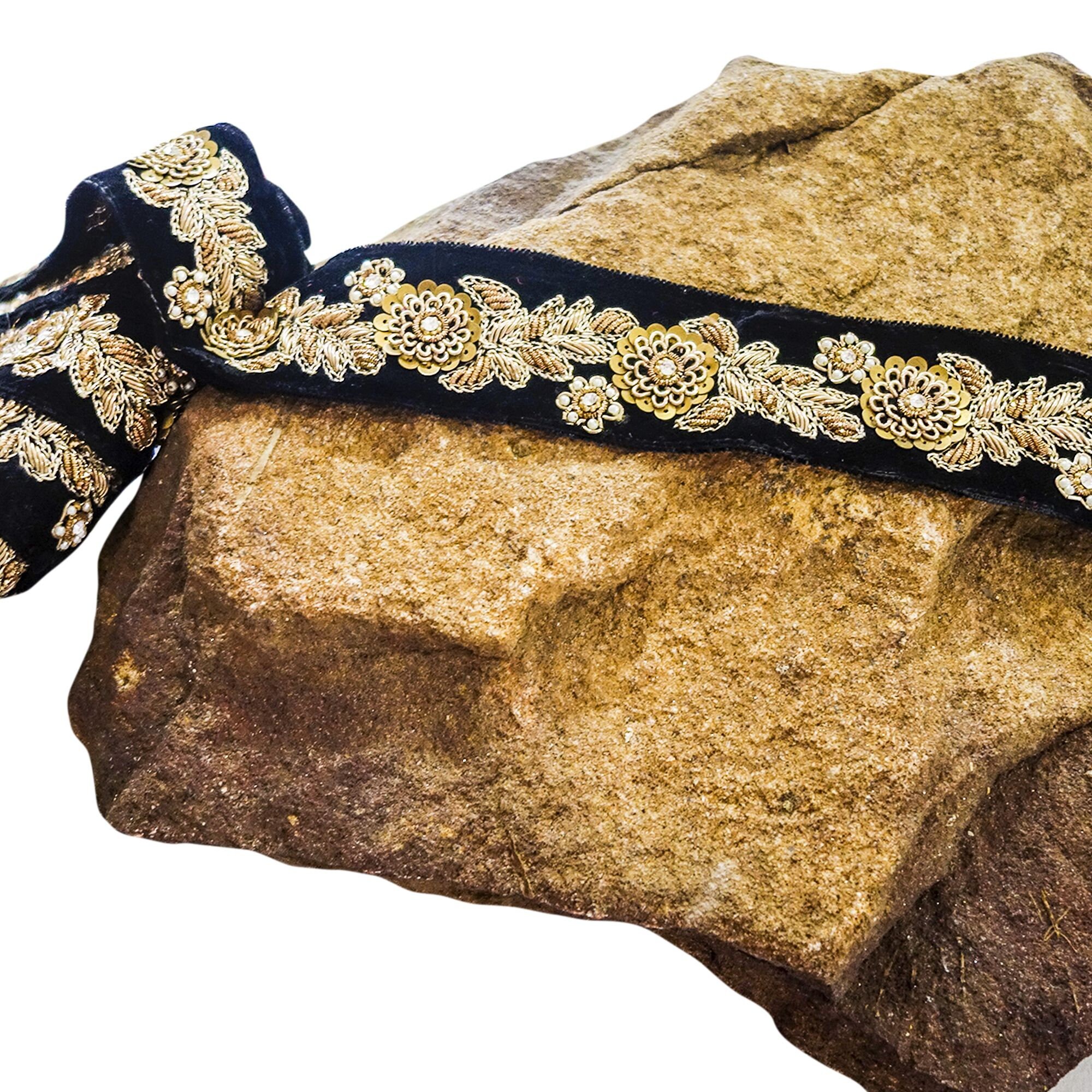Black N Gold Trim, Antique Gold Hand Embroidered Trim