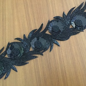 Black Beaded Trim, 3 Dimensional Trim, Hand Embroidered Trim, Formal wear trim, Designer trim, High Fashion trim, cur work trim. image 3