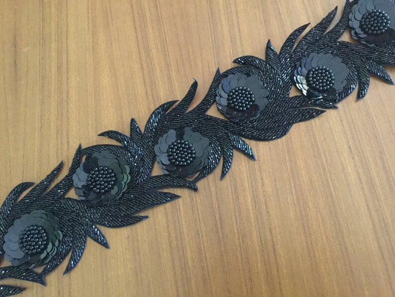 Black Beaded Trim, 3 Dimensional Trim, Hand Embroidered Trim, Formal wear trim, Designer trim, High Fashion trim, cur work trim. image 3