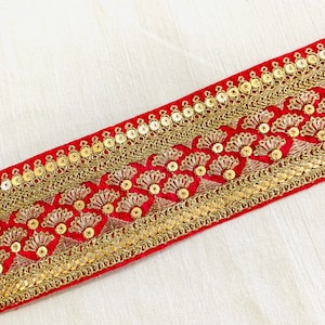 Hot Pink Embroidered Raw Silk Trim, Gold Metallic Sequins Filo d'oro, Tradizionale indiano Sari Border, Belly Dance Costume, Sewing Trim