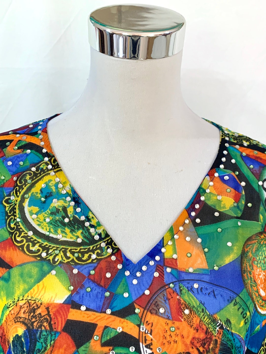 Blue Graphic Pattern Kaftan, Kaftan With Crystals, Viscose Kaftan, Free