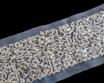 Silver Trim - Sequins Trim - Bridal Showers Trim - Starry Fine Silver Sequins - Silver Metallic Thread - White Net Trim