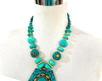 Turquoise Mosaic Pentagon Pendant Statement Necklace with Gold Accents, Tribal Turquoise & Gold Beaded Chunky Shield Statement Necklace