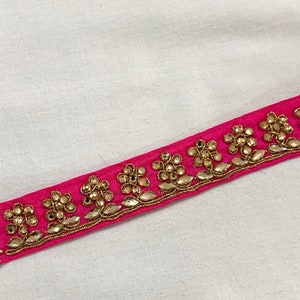 2 yards van Hot Pink n Gold Trim, Gouden Strass Trim, Roze Bloemen Geborduurde Trim, Home Decor Trim, DIY Naai trim, Pop maken Trim
