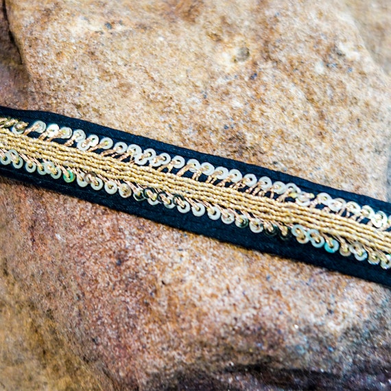 Black Art Silk Trim - Wide Lace Trim - Golden Embroidery Trim - Black Art Silk Trim With Delicate Golden Embroidery and Sequin