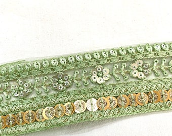 Green Gold Sequins Embroidered Border Trim on Organza - Etsy Canada