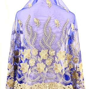 Blue Tulle Fabric, Royal Blue n Gold Fabric, Floral formal wear Fabric, Golden Embroidery Fabric, Cur work border Fabric, Home Decor fabric.