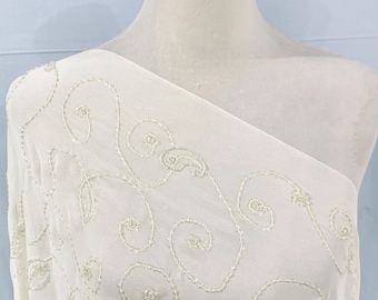 6.5 yards White Silk Georgette Fabric, White Silk  Saree fabric,  Hand Embroidered scrolls all over Saree fabric, Formal wear Saree.
