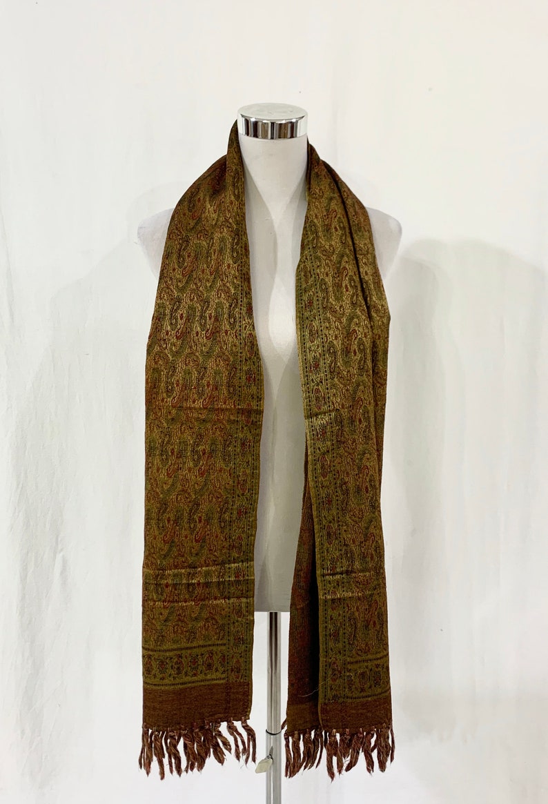 Long Golden silk wool shawl, hand woven Paisley shawl, formal n casual wear shawl, gifting shawl, jacquard shawl, golden n Red n Green shawl image 7