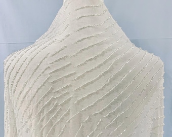 Extra wide Bridal Fabric, Ivory White pure Silk Georgette Fabric, Hand Beaded Fabric, Sewing Fabric, Sheer Silk Georgette Luxurious Fabric.
