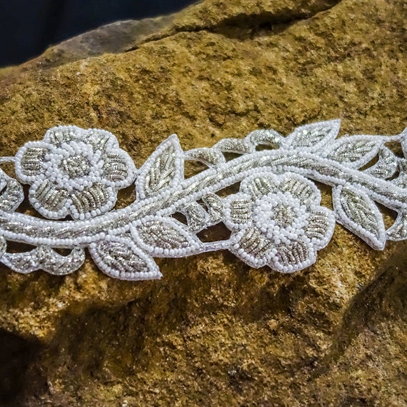 Beaded Floral Appliqué Trim in White and Silver Beaded Lace Applique Pair: White & Silver Floral  main image 3