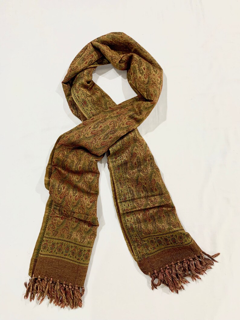 Long Golden silk wool shawl, hand woven Paisley shawl, formal n casual wear shawl, gifting shawl, jacquard shawl, golden n Red n Green shawl image 9