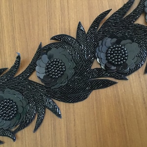 Black Beaded Trim, 3 Dimensional Trim, Hand Embroidered Trim, Formal wear trim, Designer trim, High Fashion trim, cur work trim. image 2