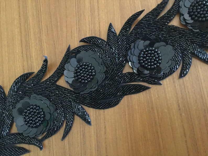 Black Beaded Trim, 3 Dimensional Trim, Hand Embroidered Trim, Formal wear trim, Designer trim, High Fashion trim, cur work trim. image 2