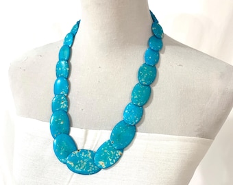 Hand Carved Turquoise Bone Oval Statement Collar Necklace. Handcrafted Speckled Turquoise Bone Medallion Necklace