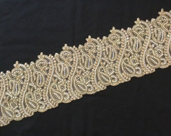 Gold Beaded Trim, Hand Embroidered Trim,bridal Trim,bridal Sash Trim,sari  Border, Fashion Trim. 
