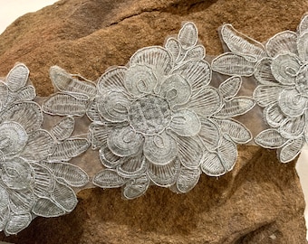 Silver Embroidered trim - Bridal Applique - Large Flower Trim - Silver Cord Embroidered - formal wear trim- Home decor trim- Sewing trim.