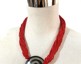Handcrafted Horn Spiral Pendant Multi Strand Red Glass Bead Necklace, Spiral Medallion Choker collar Statement Necklace