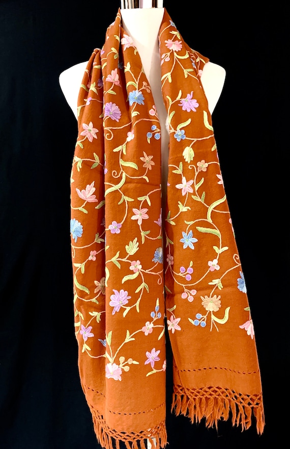 Buy Rust Colour Shawl, Pure Wool Shawl, Floral Hand Embroidered