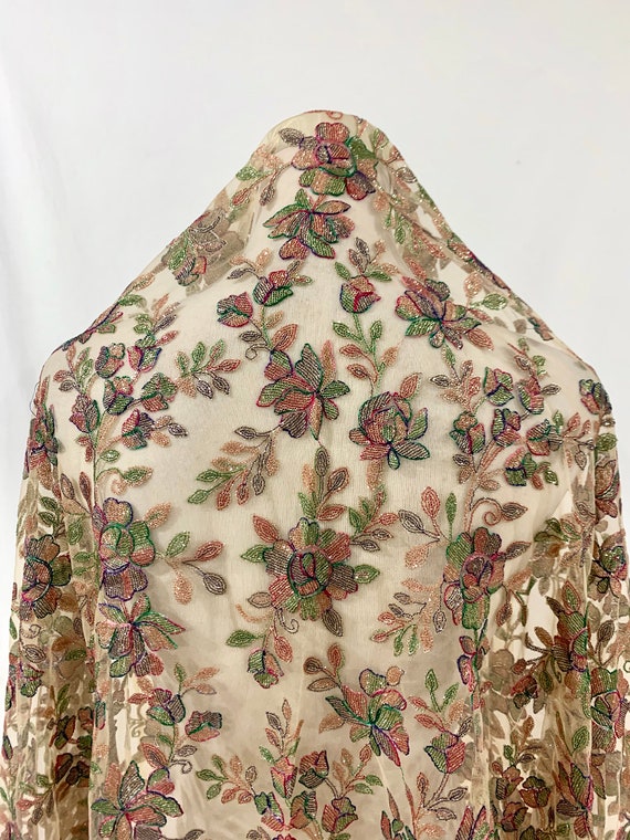 Golden Tulle Fabric, Multicolour Embroidered Fabric, formal wear Fabric, All over embroidered, Golden Sequins & Silk Threads embroidery.