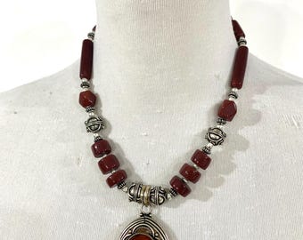 Artisan Terracotta and Oxidised Silver Statement Set, Vintage Handcrafted Carnelian-Red Boho Pendant Necklace & Earring Set