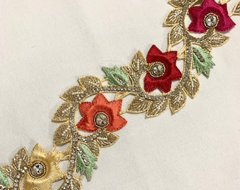 Multicolour floral trim, Hand embroidered trim, party wear floral trim, crystal trim, Cut work trim, Home Decor Trim, Formal trim.