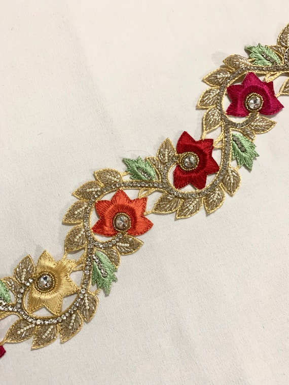 Multicolour floral trim, Hand embroidered trim, party wear floral trim, crystal trim, Cut work trim, Home Decor Trim, Formal trim.