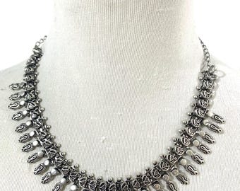 Antiqued Silver tone Paisley Dangle Statement Necklace,  Adjustable Oxidized Silver Intricate Dangle Fringe Collar Necklace.