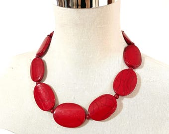 Vibrant Red Marbled Oval Bead Collar Statement Necklace, Handcrafted Crimson Stone-Look Oval Disc Necklace