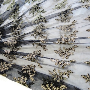 Black Tulle Fabric, Black n Gold Tulle Fabric, Golden Floral Embroidery Fabric, Formal wear Tulle Fab, Scalloped edges fabric.